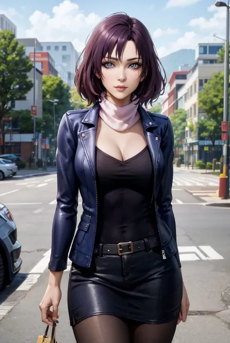 masterpiece, (best quality), 1woman,1girl ,TangRou,  beautiful woman, attractive woman, brown-purple hair , blue eyes,short hair,sexy woman, turtleneck,purple scarf,blue jacket,navy skirt, casual clothes, closed jacket,vibrant colors ,natural lighting  ,RTX,  medium breasts, beautiful, (detailed face:1.2), showcase, (perfect eyes:1.1) ,(photorealistic:1.1), 8k uhd,  looking a viewer,  simple backround