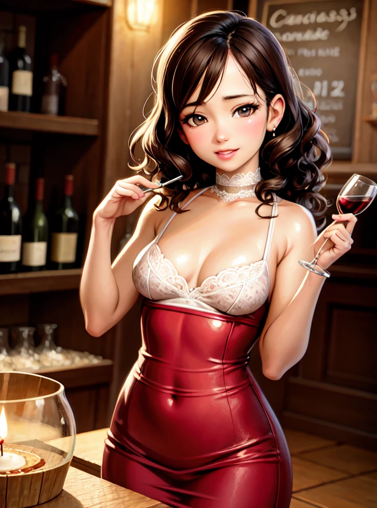closeup, (hyper-realistic digital illustration), hires, best quality, [Romantic, candlelit bistro, medium shot, savoring, petite, female sommelier, small breasts, hazel eyes, curly brown hair, knowledgeable expression, vintage wines]