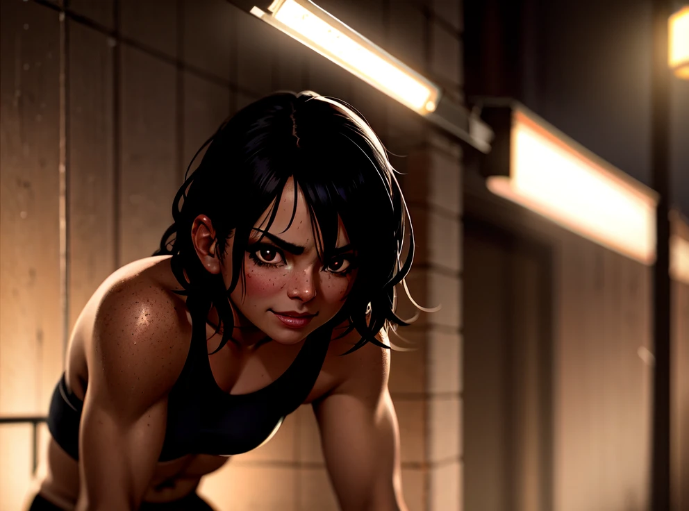 closeup, (hyper-realistic digital illustration), hires, best quality, Surreal, dimly-lit alleyway, low-angle shot, crouching, athletic, female thief, small breasts, mischievous brown eyes, short black hair, sly grin, flickering streetlamps [skin texture], [[[sweat]]]