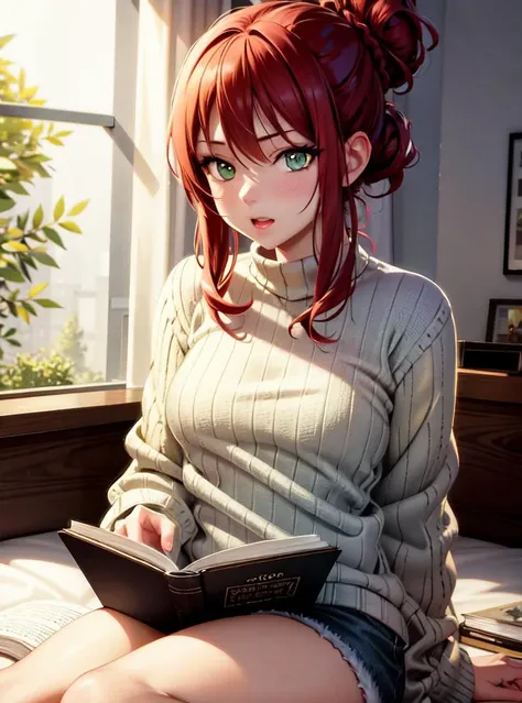 (hyper-realistic digital illustration), hires, best quality, Content, cozy bedroom, daytime, mid-shot, reading a book, slim, girl with pale skin, small breasts, green eyes, straight red hair in a messy bun, oversized sweater and shorts, dreamy expression, warm lighting.