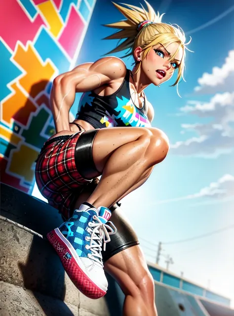 closeup, (hyper-realistic digital illustration), hires, best quality, Fun, a graffiti-covered skatepark, day, low angle, skateboarding, muscular punk girl, olive skin, medium breasts, blue eyes, short blonde hair in a mohawk, wearing a ripped tank top, plaid shorts, and high-top sneakers, confident facial expression, bright natural lighting