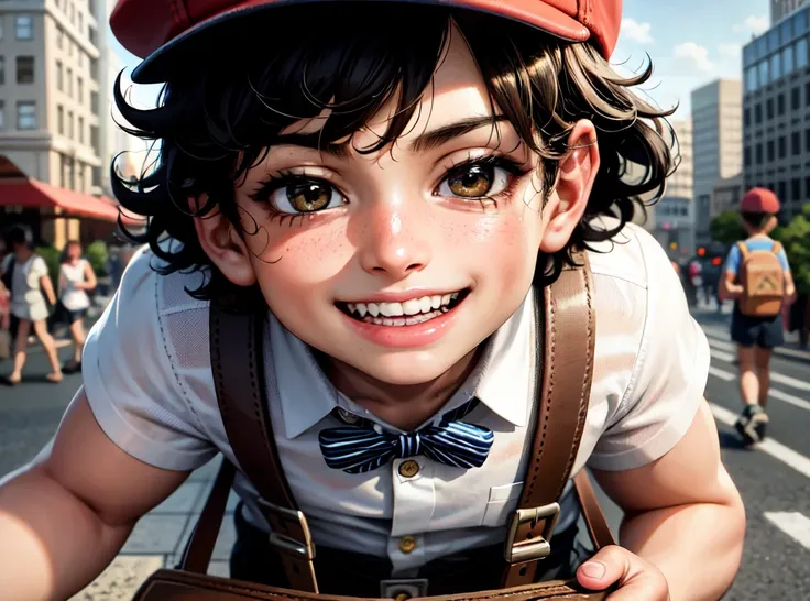 closeup, (hyper-realistic digital illustration), hires, best quality, A young boy with curly hair and a mischievous grin, wearing a newsboy cap and suspenders with a striped shirt, dashes through the bustling city streets with a bag of marbles and a pocketful of coins. [skin texture], [[[sweat]]]