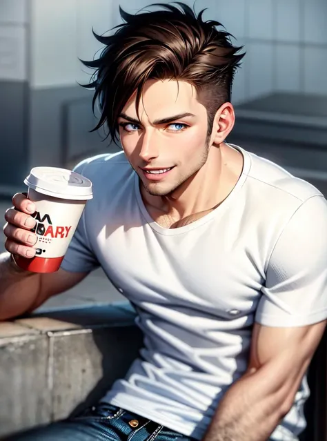 closeup, (hyper-realistic digital illustration), hires, best quality, Casual, urban street, day, medium close-up, holding coffee cup, slim build, male, light skin, blue eyes, brown hair styled in messy quiff, jeans and t-shirt, relaxed smile, natural lighting.