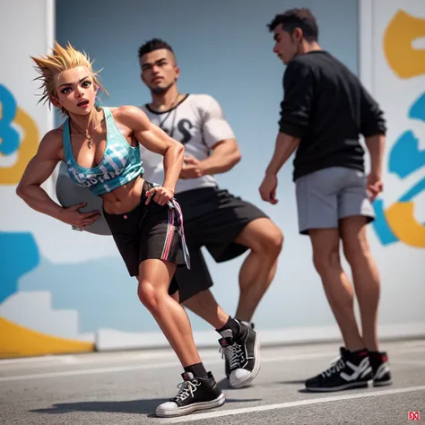 closeup, (hyper-realistic digital illustration), hires, best quality, Fun, a graffiti-covered skatepark, day, low angle, skateboarding, muscular punk girl, olive skin, medium breasts, blue eyes, short blonde hair in a mohawk, wearing a ripped tank top, plaid shorts, and high-top sneakers, confident facial expression, bright natural lighting