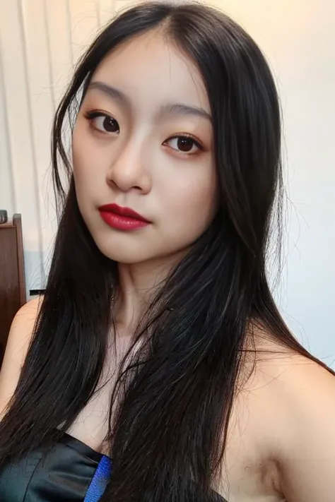 ((Best quality, 8k, Masterpiece: 1.3)), 1 girl, blue, full body, perfect face, mature woman, straight black hair, chubby, wearing strapless silky lace bra, (puffed huge breast, ample cleavage), detailed face, detailed eyes, double eyelids, cherry background, slim face, skyscrapers, depth of fields,