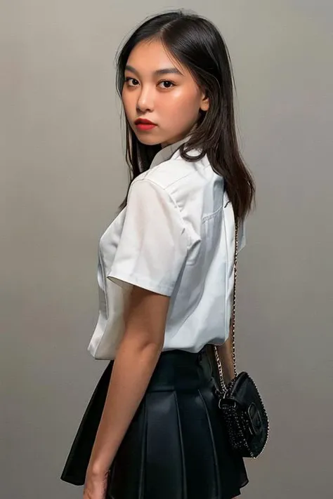 best quality, highly detailed ,photorealistic, masterpiece,1girl,black hair, solo, white shirt,black skirt, looking at viewer,