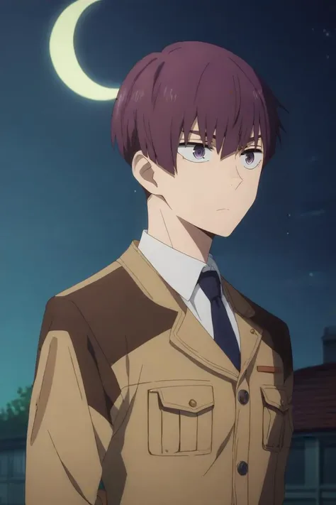 score_9, score_8_up, score_7_up, source_anime, rating_safe, intricate details, anime screencap, , , , , 1boy, solo, male focus, <lora:ryou_hoshino_pony:0.92>, ryou_hoshino, purple hair, purple eyes, short hair, upper body, niagara falls, night, crescent moon, arms behind back, :o, camo costume, <lora:sdxl_lightning_8step_lora:1>