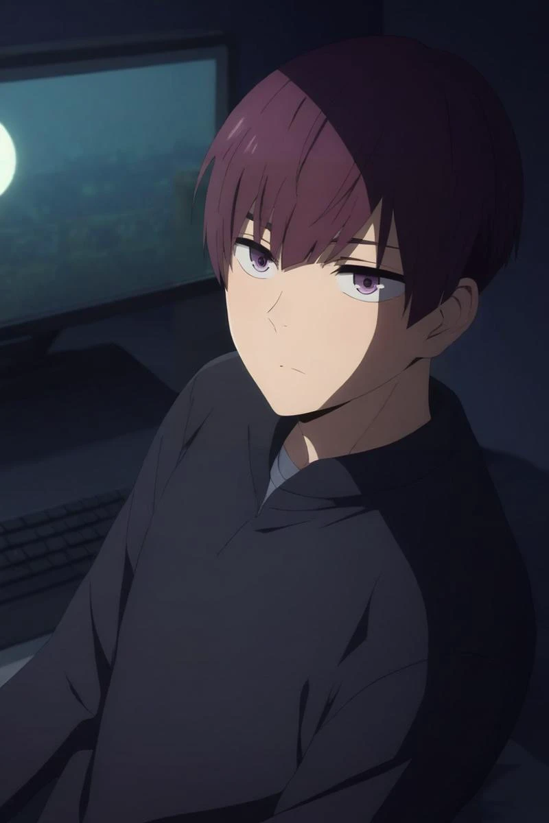 score_9, score_8_up, score_7_up, source_anime, rating_safe, , semi-realistic, , depth of field, 1boy, solo, male focus, <lora:ryou_hoshino_pony:0.84>, ryou_hoshino, purple hair, purple eyes, short hair, from above, bedroom, computer monitor, night, full moon, lying, on stomach, relaxed, , <lora:sdxl_lightning_8step_lora:1>