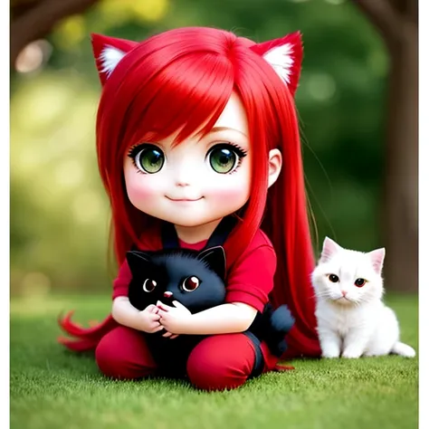 chibi  (red hair girl:1.1) (hugs kitty:0.9), smiling , detailed, fantasy, dreamlike, surrealism, super cute, trending on artstation