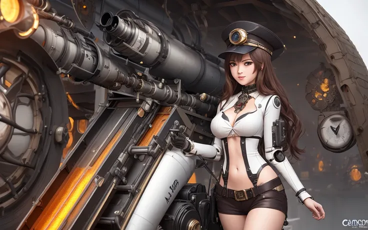 masterpiece, best quality, 8k_wallpaper, masterpiece, best_quality, hyper_detailed, high_detail, exquisite_detail, finely_detailed, intricate_details, 1girl, robot_girl, beautiful_girl, cannon, holding_cannon, modules_combined_with_body, aiming_at_target, steampunk