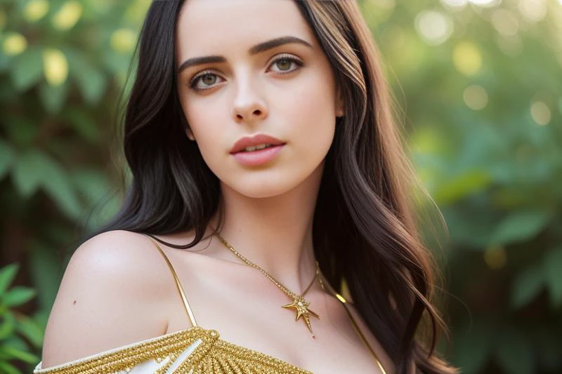 GITSKirstenR, a beautiful faced preiestess, female white and gold intricate robe, hyper photorealistic, fantasy, highly detailed, sharp focus, a portrait of fantasy, landscape, medieval, realistic, 8k, photograph, photo, art by rankin, f1.8,depth of field. 4K, HDR. by (Jeremy Lipking:1.1), Photo, (sharp focus:1.2), attractive young woman, (beautiful face:1.1), detailed eyes, (smile:0.7), (body freckles:0.9), (medium breasts:0.8), (toned body:1.2), shiny (brown hair:1.1), wearing (sundress:1.2). depth of field. 4K, HDR. by (James C. Christensen:1.2|Jeremy Lipking:1.1).