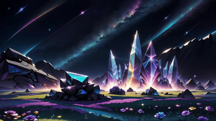landscape, establishing shot, bismuth_texture, jagged crystals, cosmic, glowing, ((field of black opal roses)), night sky, dew drops, stars <lora:Style_BismuthTexture:0.6> (narrow field of view), horizon art by Tetsuya Nomura,
