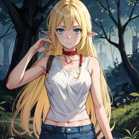 (masterpiece),(best_quality),looking_at_viewer,ears_down,detailed,(tuka_luna:1.4),1girl,solo,blonde_hair,very_long_hair,long_mouth,closed_mouth,worried,blue_eyes,white_shirt,tank_top,bow,denim,jeans,pointy_ears,absurdres,forest background, <lora:Tuka_Luna_Marceau-06:0.65>