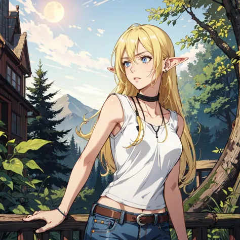 (masterpiece),(best_quality),looking_at_viewer,ears_down,detailed,(tuka_luna:1.4),1girl,solo,blonde_hair,very_long_hair,long_mouth,closed_mouth,worried,blue_eyes,white_shirt,tank_top,bow,denim,jeans,pointy_ears,absurdres,forest background, <lora:Tuka_Luna_Marceau-06:0.65>