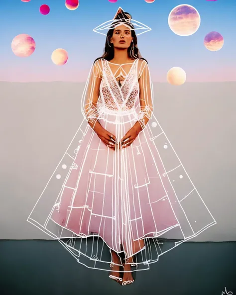 a woman in a pink dress with a triangle over her head and planets in the background, <lora:Lines_clothes_SD15:1> , lines_clothes