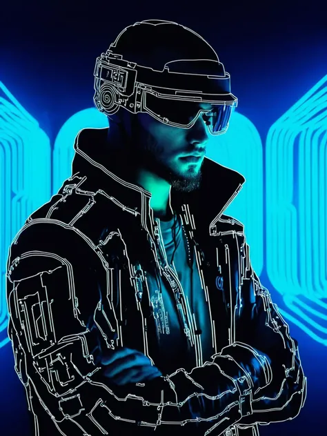 (close-up, upper body:1.3), portrait of a cyberpunk man dons a tech-coat, a tech helmet, neon lights background, <lora:Lines_Clothes_XL:0.85>