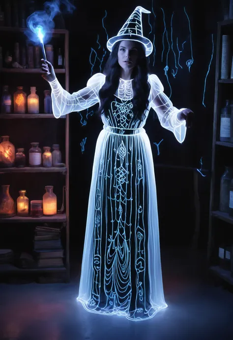 documentary photo of woman with clothes drawn on, standing in glowing line dress and line wizards hat , in a wizards laboratory with potions and spell book, holding magic wand, long dark hair, vivid<lora:dungeons_and_dragons_xl_v3:0.7>, <lora:Lines_Clothes_XL:0.8>