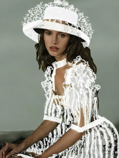 Ein realistisches Farbfoto einer Frau (Eva Mendes) mit gelbem Kopftuch, the woman wears a white shirt, das Hemd hat einen sehr tiefen Ausschnitt, Beautiful, shapely breasts, Traditional beauty, very beautiful woman, Beautiful portrait of a woman, gorgeous woman, Portrait of a beautiful woman with a seductive sensual facial expression
