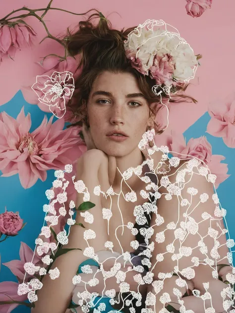 a woman with a flowered background and a pink and blue background<lora:Lines_Clothes_XL:1><lora:Lines_Clothes_XL:1>