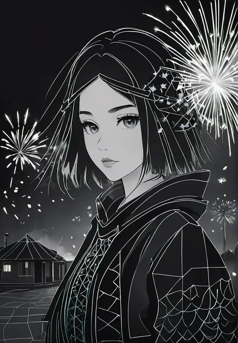 Cubist artwork Monochrome cutie girl, with long cyan hair, fireworks background, long exposure . Black and white, contrast, tone, texture, detailed <lora:Lines_Clothes_XL:1> . Geometric shapes, abstract, innovative, revolutionary