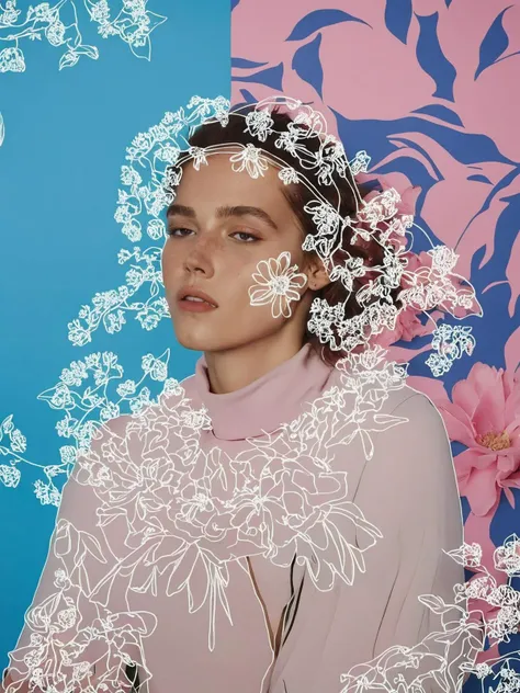 a woman with a flowered background and a pink and blue background , <lora:Lines_Clothes_XL:1>