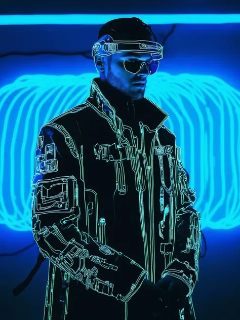 (close-up, upper body:1.3), portrait of a cyberpunk man dons a tech-coat, a tech helmet, neon lights background, <lora:Lines_Clothes_XL:1>