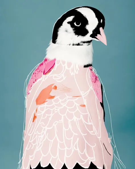 a bird with a pink jacket and a black beak and a pink collar and a pink collar and a black and white collar and a pink jacket<lora:Lines_clothes_SD15:1> , lines_clothes