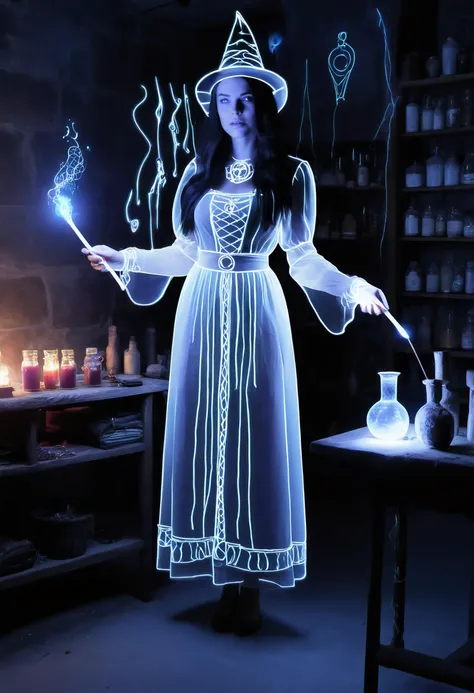documentary photo of woman with clothes drawn on, standing in glowing line dress and line wizards hat , in a wizards laboratory with potions and spell book, holding magic wand, long dark hair, vivid<lora:dungeons_and_dragons_xl_v3:0.7>, <lora:Lines_Clothes_XL:0.8>