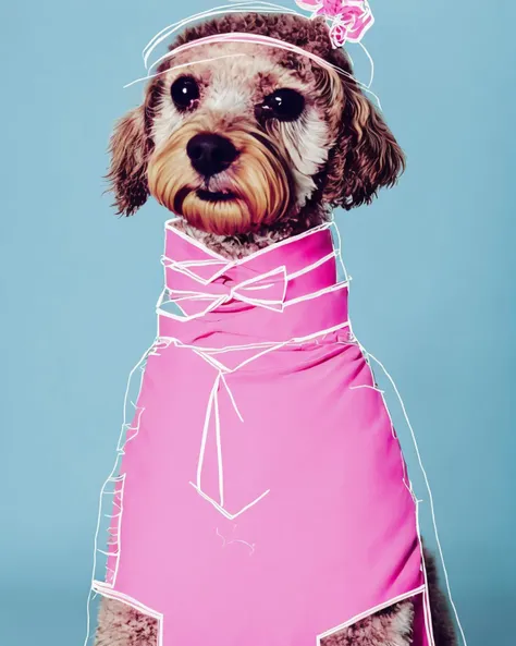 a dog wearing a pink suit and a pink tie with a pink collar and a pink collared shirt with a pink collar and a pink tie<lora:Lines_clothes_SD15:1> , lines_clothes