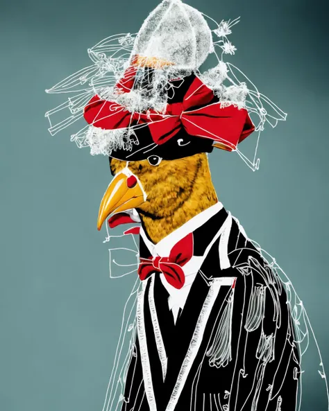 a bird wearing a hat and a suit with a tie and a bow tie on it's head and a long nose and nose<lora:Lines_clothes_SD15:1> , lines_clothes