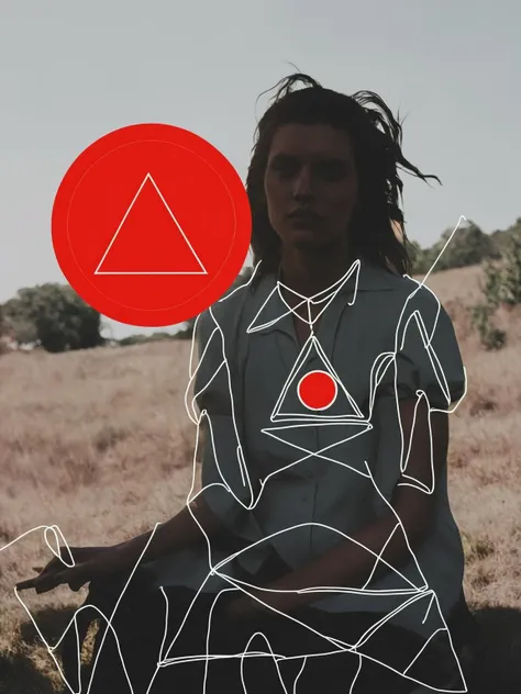 a woman with a triangle and a sun in the background with a black triangle and a red circle, <lora:Lines_Clothes_XL:1>