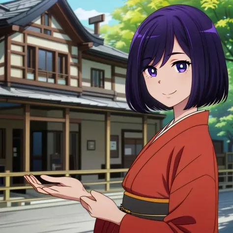 ((Full-Body Shot)),<lora:Bunko:0.8> Bunko, purple eyes, purple hair, pale skin, short hair, blue bright pupils, red kimono,
Masterpiece, Best quality, beautiful, ((upper body)), Human, looking at viewer, crisp, clear, Digital painting, oil painting, best quality, detailed hair, detailed background, detailed body, detailed eyes, full body, cute, smile, perfect body, 1girl, solo, hands, young female,
east asian architecture, japanese clothes,
ultra high resolution, raw photo, deep shadow, low key, natural light, backlighting,
<lora:Furtastic_Detailer:0.5> <lora:hairdetailer:0.5>