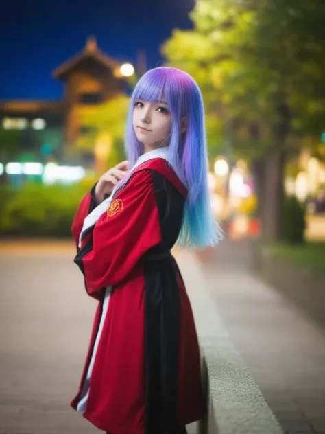 night,  light,  depth_of_field,  1girl, building, close up, cosplay photo, solo, muticolour_hair, looking_at_viewer <lora:sysuv9:0.7>