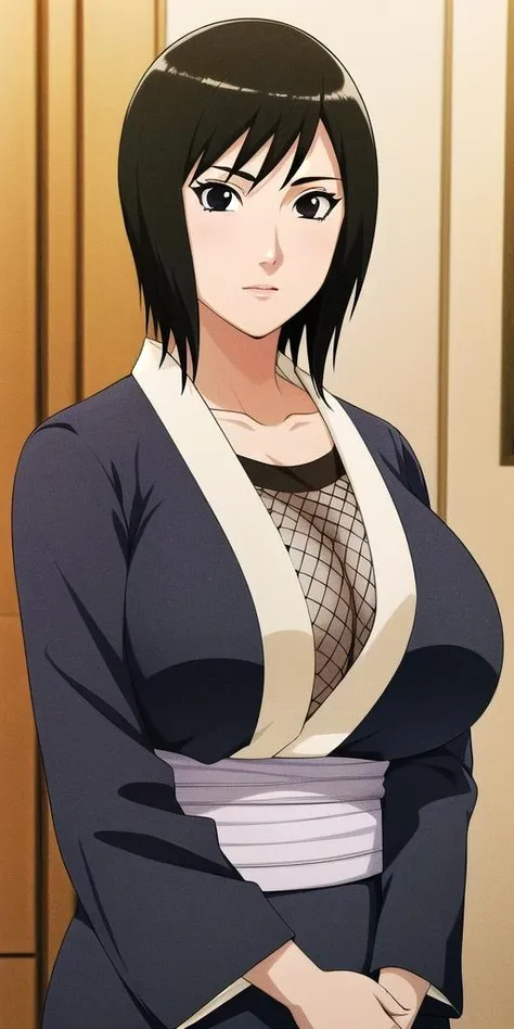<lora:shizuneV2:0.7> shizune_naruto, huge_breasts, standing, solo, Black_Kimono_Obi_Fishnet_top, masterpiece, best quality, detailed face, detailed eyes, highres,