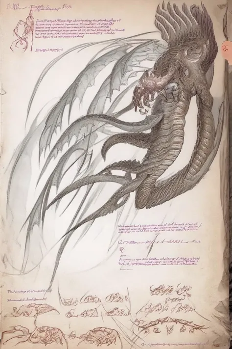<lora:Cthulhu_note:0.8>, freehand sketch, english text, scales, text focus, english text, text focus, artist name, character name, note, creature, no human, text focus, kesulu