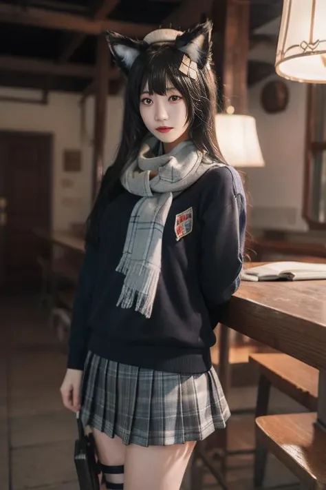 ultra-detailed,highly detailed,best quality,masterpiece,illustration,realistic,
type 95 jkbyj, 1girl, solo, cosplay, type 95 \(girls' frontline\),
scarf, school uniform, shirt, long sleeves, plaid pleated skirt,
animal ears, animal ear fluff, cat ears,
very long hair, bangs,hair bow,hair ornament,
night,dark,shadow, indoors, east asian architecture, lampshade,
looking at viewer, cowboy shot,
<lora:type jkbyj_v1_08:0.7>