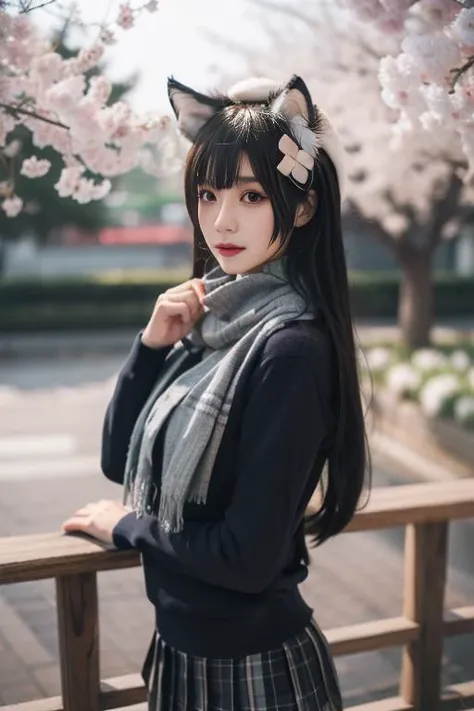 ultra-detailed,highly detailed,best quality,masterpiece,illustration,realistic,
type 95 jkbyj, 1girl, solo, cosplay, type 95 \(girls' frontline\),
scarf, school uniform, shirt, long sleeves, plaid pleated skirt,
animal ears, animal ear fluff, cat ears,
very long hair, bangs,hair bow,hair ornament,
outdoors, blurry background, spring, rain,falling petals,petals, day, tree, depth of field, east asian architecture,
looking at viewer, cowboy shot,
<lora:type jkbyj_v1_08:0.7>