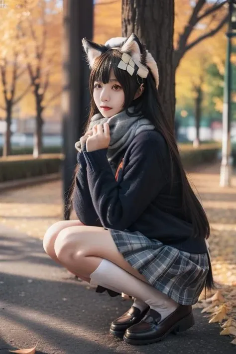 ultra-detailed,highly detailed,best quality,masterpiece,illustration,realistic,
type 95 jkbyj, 1girl, solo, cosplay, type 95 \(girls' frontline\),
scarf, school uniform, shirt, long sleeves, plaid pleated skirt, kneehighs, thigh strap, loafers,
animal ears, animal ear fluff, cat ears,
very long hair, bangs,hair bow,hair ornament,
outdoors, blurry background, autumn, autumn leaves,leaf, day, tree, depth of field, sunlight, building,
squatting, looking at viewer, looking to the side, full body, from side,
<lora:type jkbyj_v1_08:0.7>