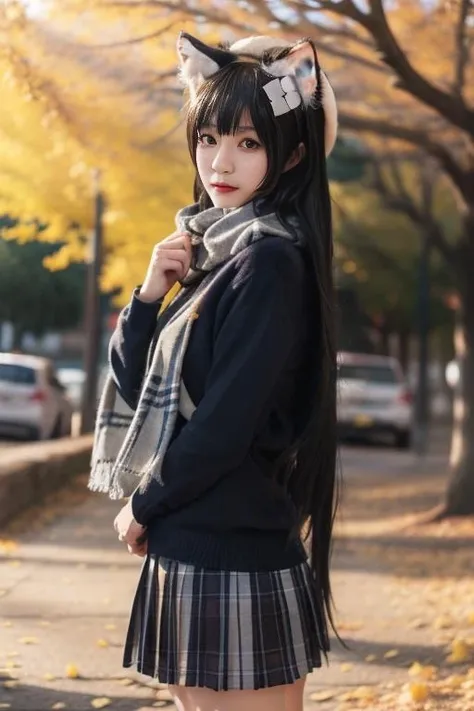 ultra-detailed,highly detailed,best quality,masterpiece,illustration,realistic,
type 95 jkbyj, 1girl, solo, cosplay, type 95 \(girls' frontline\),
scarf, school uniform, shirt, long sleeves, plaid pleated skirt,
animal ears, animal ear fluff, cat ears,
very long hair, bangs,hair bow,hair ornament,
outdoors, blurry background, autumn, autumn leaves,leaf, day, tree, depth of field, sunlight, building,
looking at viewer, cowboy shot,
<lora:type jkbyj_v1_08:0.7>