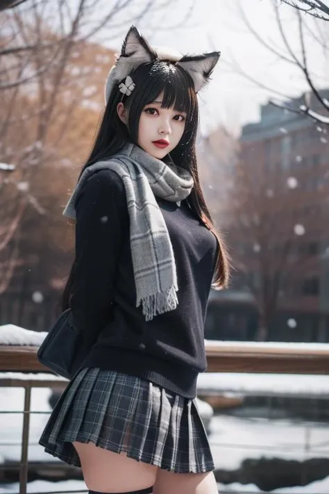 ultra-detailed,highly detailed,best quality,masterpiece,illustration,realistic,
type 95 jkbyj, 1girl, solo, cosplay, type 95 \(girls' frontline\),
scarf, school uniform, shirt, long sleeves, plaid pleated skirt,
animal ears, animal ear fluff, cat ears,
very long hair, bangs,hair bow,hair ornament,
outdoors, blurry background, winter, snow,snowing,snowflakes, day, tree, depth of field, sunlight, building,
looking at viewer, cowboy shot,
<lora:type jkbyj_v1_08:0.7>