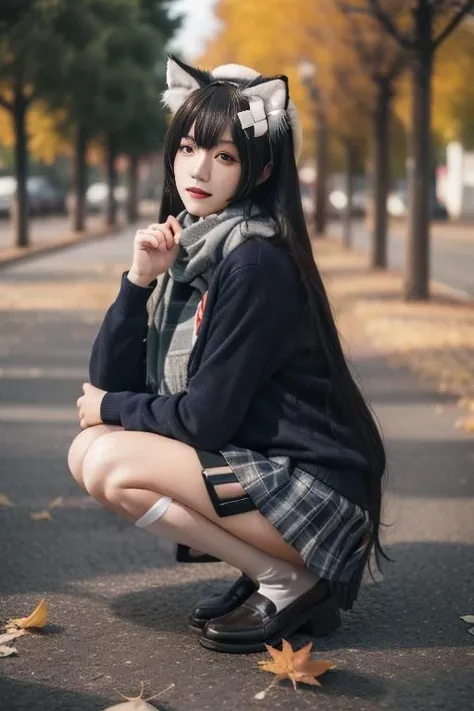 ultra-detailed,highly detailed,best quality,masterpiece,illustration,realistic,
type 95 jkbyj, 1girl, solo, cosplay, type 95 \(girls' frontline\),
scarf, school uniform, shirt, long sleeves, plaid pleated skirt, kneehighs, thigh strap, loafers,
animal ears, animal ear fluff, cat ears,
very long hair, bangs,hair bow,hair ornament,
outdoors, blurry background, autumn, autumn leaves,leaf, day, tree, depth of field, sunlight, building,
squatting, looking at viewer, looking to the side, full body, from side,
<lora:type jkbyj_v1_08:0.7>
