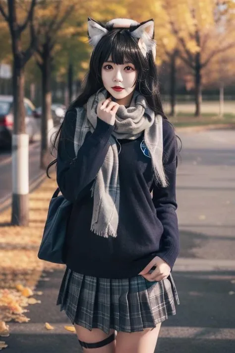 ultra-detailed,highly detailed,best quality,masterpiece,illustration,realistic,
type 95 jkbyj, 1girl, solo, cosplay, type 95 \(girls' frontline\),
scarf, school uniform, shirt, long sleeves, plaid pleated skirt,
animal ears, animal ear fluff, cat ears,
very long hair, bangs,hair bow,hair ornament,
outdoors, blurry background, autumn, autumn leaves,leaf, day, tree, depth of field, sunlight, building,
looking at viewer, cowboy shot,
<lora:type jkbyj_v1_08:0.7>