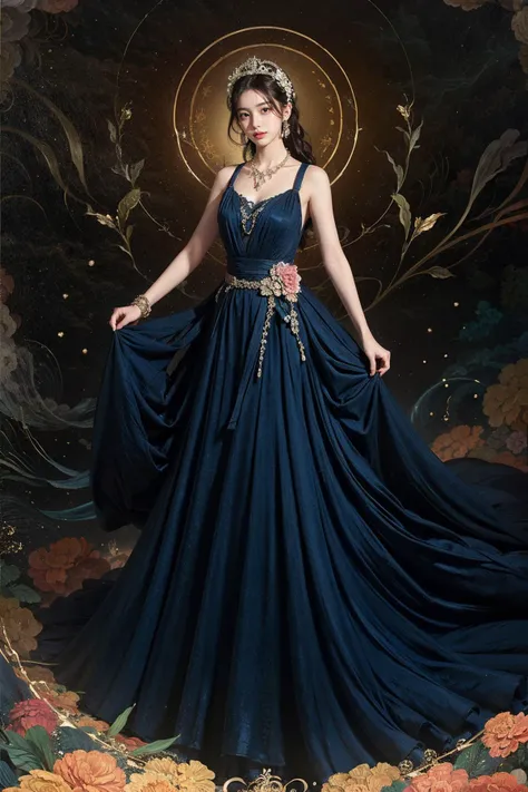 1girl,jewelry,dress,solo,necklace,flower,hair ornament,colorful dress,best quality,official art,8k wallpaper,highly detailed,illustration,the whole body,detailed eyes,<lora:Lws mural_20231112121239:0.6>,