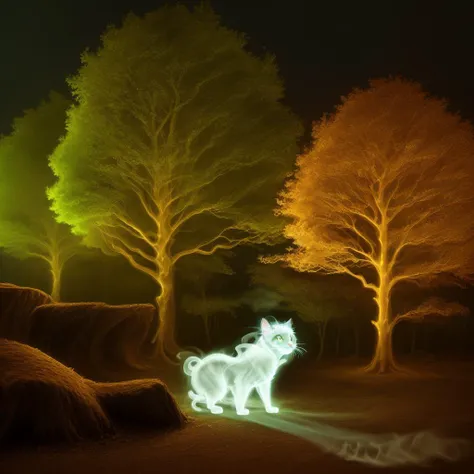 a close up of a magical forest at night, [<lora:smokeLooksLike_1v510:0.7> a realistic datailed ghost cat composed only of smoke x ray transparent:8]