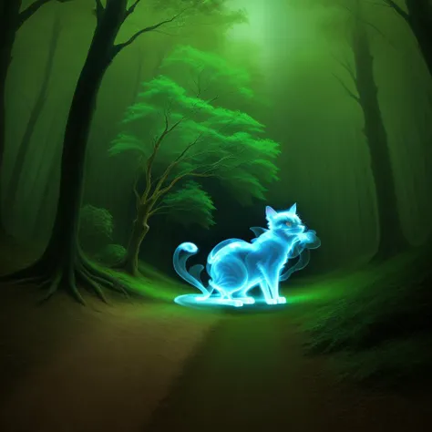 a magical forest at night, [<lora:smokeLooksLike_1v510:0.7> a ghost cat composed only of smoke x ray transparent:5]