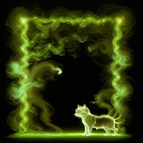 a magical forest at night, [a realitistically detailed cat composed only of smoke <lora:smokeLooksLike_1v510:0.7> , x ray, transparent:2]