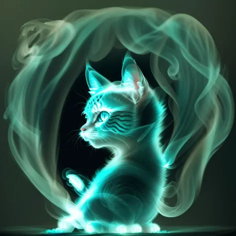 long shot of a teal glowing ghost cat at night, [a magical forest composed only of smoke <lora:smokeLooksLike_1v510:0.7> , x ray, transparent:2]