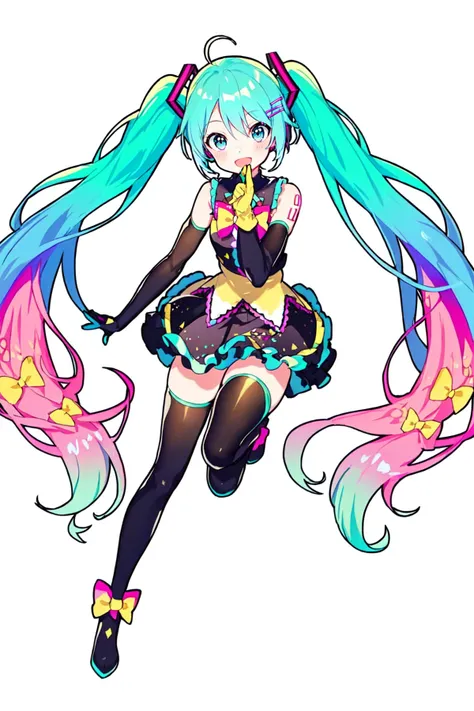 Hatsune Miku, 1girl, :d, aqua hair, blue eyes, bow, detached sleeves, elbow gloves, floating hair, full body, gloves, gradient hair, hair bow, hair ornament, holding, long hair, looking at viewer, multicolored hair, open mouth, simple background, single thighhigh, skirt, smile, solo, thighhighs, twintails, very long hair, white background, <lora:MikuV2:1>