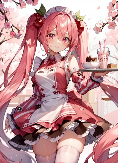 ((best quality)), ((highly detailed)), masterpiece, absurdres, extremely detailed face, beautiful face, (detailed eyes, deep eyes), (1girl), dynamic pose, cowboy shot, <lora:HatsuneMikuSakuraV2:1>, Hatsune Miku, Cherry Blossom Miku, very long hair, (pink hair, pink eyes), smiling, waitress, pink apron, frilled apron, layered dress, puffy sleeves, thighhighs, (striped thighhighs), shoes, black footwear, tray, holding tray, dessert, milkshake, cherry blossom print, cherry, cherry blossoms, (inside, in a court room)