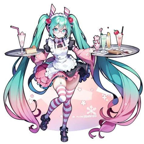 ((best quality)), ((highly detailed)), absurdres, (detailed eyes, deep eyes), (1girl), (glasses), multiple views, dynamic pose, full body, ((thigh-high socks)), <lora:HatsuneMikuSakuraV2:.8> Hatsune Miku, Cherry Blossom Miku, very long hair, (aqua hair, aqua eyes, multicolored hair, gradient hair), smiling, waitress, pink apron, frilled apron, layered dress, puffy sleeves, thighhighs, (striped thighhighs), shoes, black footwear, tray, holding tray, dessert, milkshake, cherry blossom print, cherry, cherry blossoms, (inside, at a bar), <lora:hotvr_style_v05:1>